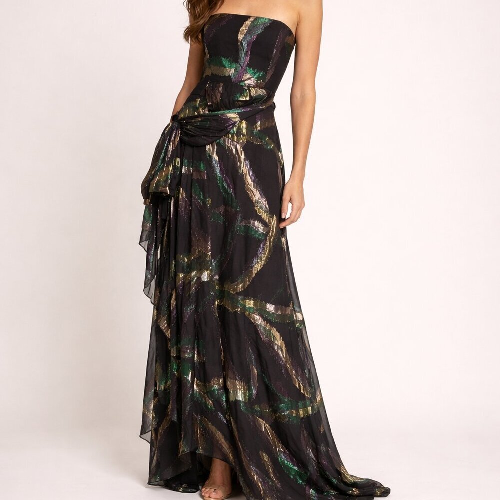 Shoshanna Midnight Strapless Silk Gown Size 8 | Metallic Draped Black Tie Dress